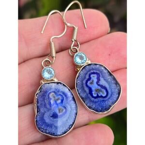 Vintage Blue Agate and Blue Topaz Sterling Silver French Wire Dangle Earrings 2"